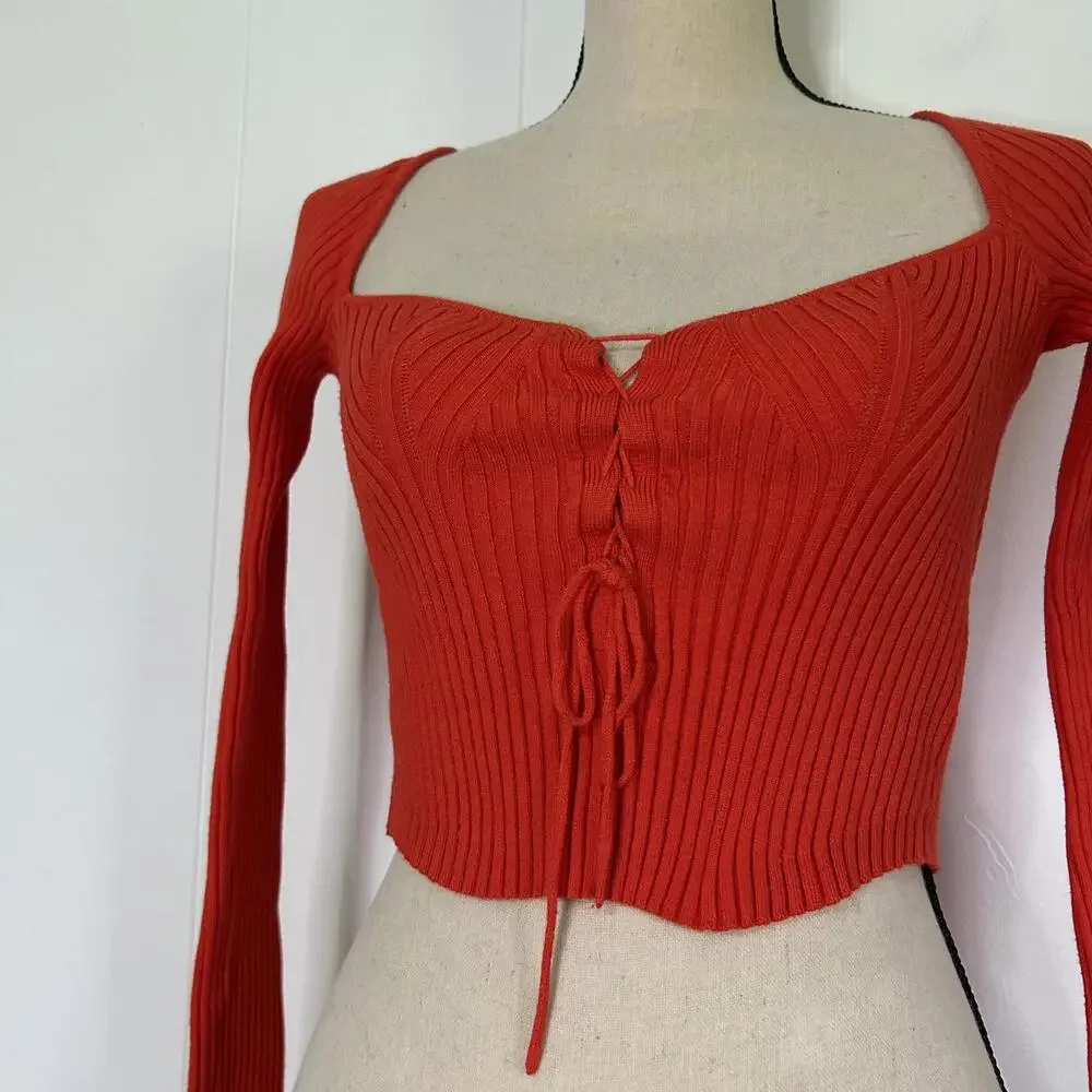 Urban Outfitters Red Ribbed Lace Up Fitted Long Sleeve Crop Top Women's Medium